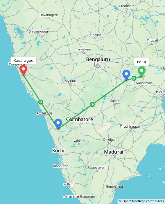 Route map showing distance and travel time from Polur, India to Kasaragod, India