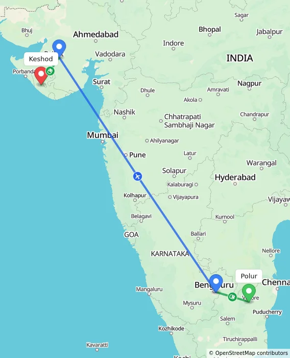 Route map showing distance and travel time from Polur, India to Keshod, India