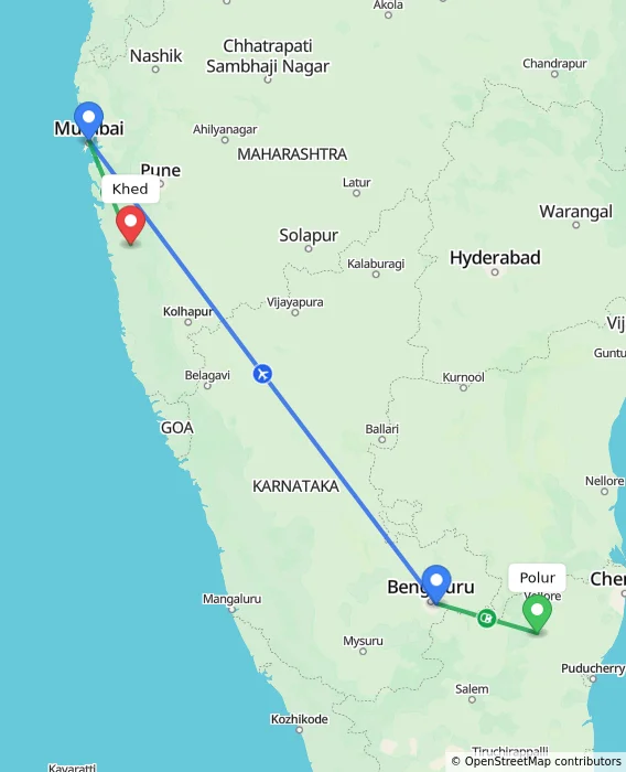 Route map showing distance and travel time from Polur, India to Khed, India