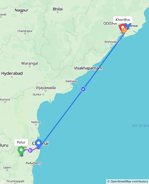 Route map showing distance and travel time from Polur, India to Khordha, India