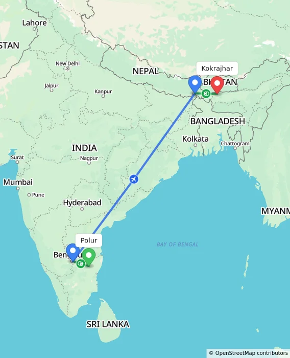 Route map showing distance and travel time from Polur, India to Kokrajhar, India