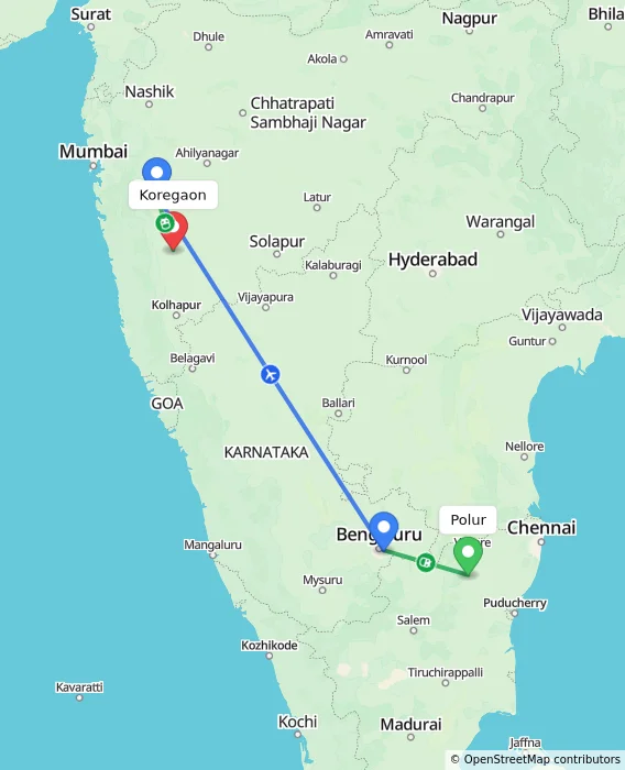 Route map showing distance and travel time from Polur, India to Koregaon, India