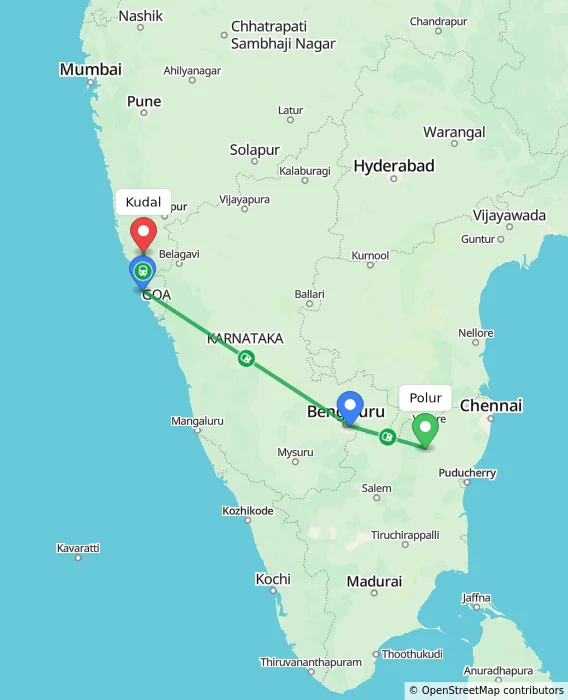 Route map showing distance and travel time from Polur, India to Kudal, India