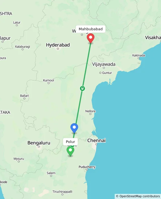 Route map showing distance and travel time from Polur, India to Mahbubabad, India