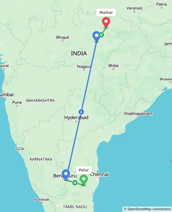 Route map showing distance and travel time from Polur, India to Maihar, India
