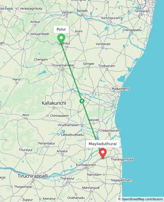 Route map showing distance and travel time from Polur, India to Mayiladuthurai, India