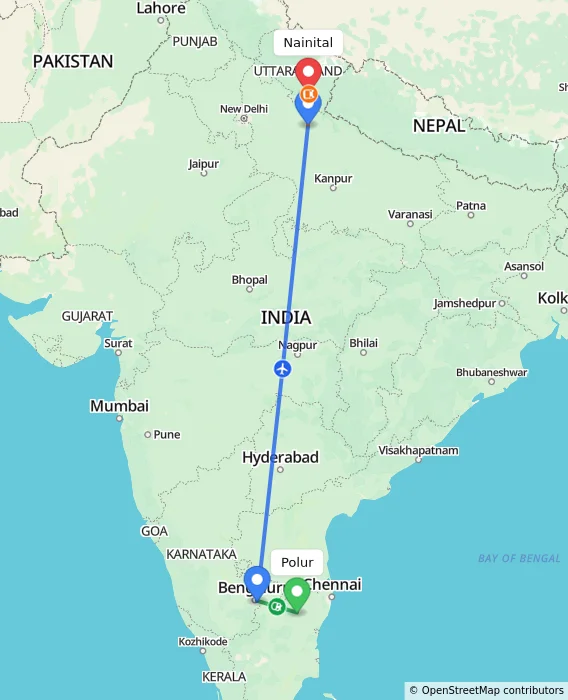 Route map showing distance and travel time from Polur, India to Nainital, India