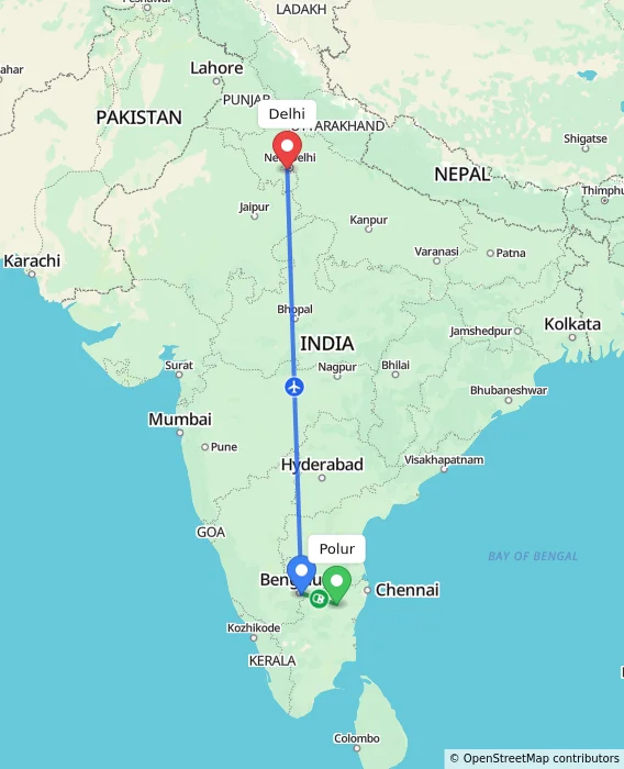 Route map showing distance and travel time from Polur, India to Delhi, India