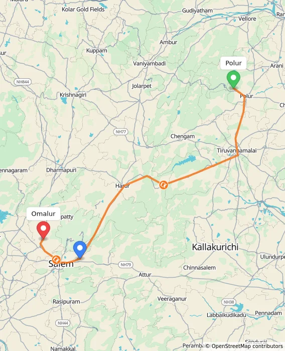 Route map showing distance and travel time from Polur, India to Omalur, India