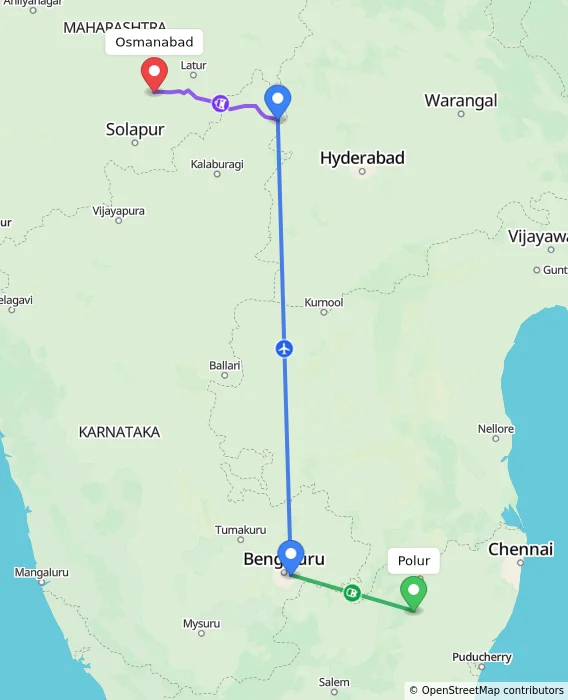 Route map showing distance and travel time from Polur, India to Osmanabad, India
