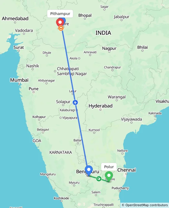 Route map showing distance and travel time from Polur, India to Pithampur, India