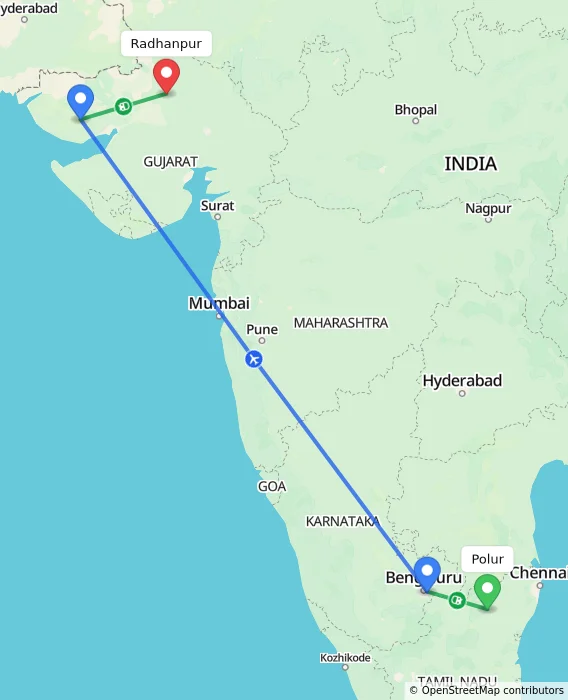 Route map showing distance and travel time from Polur, India to Radhanpur, India