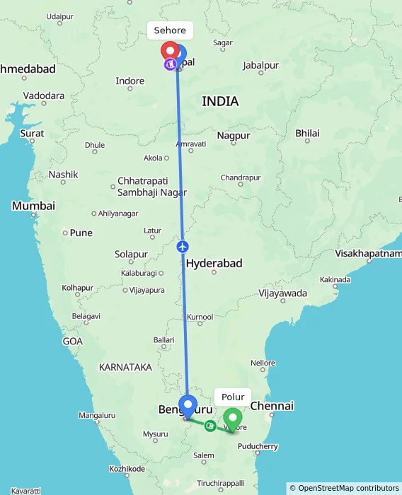 Route map showing distance and travel time from Polur, India to Sehore, India