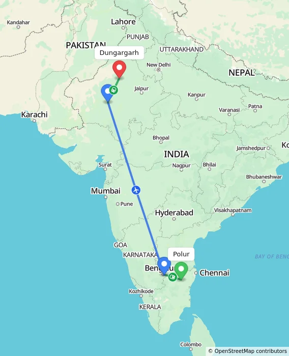 Route map showing distance and travel time from Polur, India to Dungargarh, India