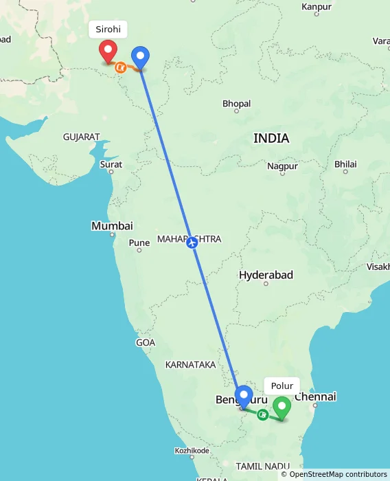 Route map showing distance and travel time from Polur, India to Sirohi, India