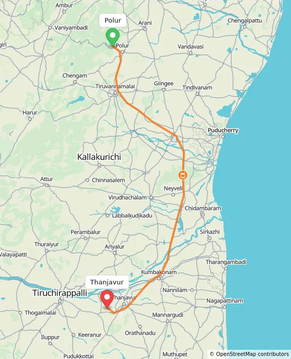 Route map showing distance and travel time from Polur, India to Thanjavur, India