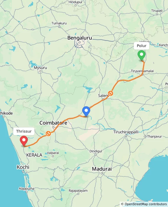 Route map showing distance and travel time from Polur, India to Thrissur, India