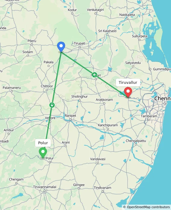 Route map showing distance and travel time from Polur, India to Tiruvallur, India