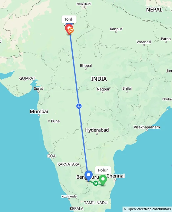 Route map showing distance and travel time from Polur, India to Tonk, India