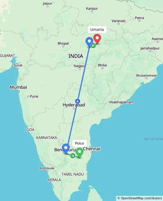 Route map showing distance and travel time from Polur, India to Umaria, India
