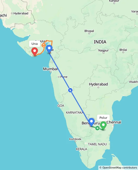Route map showing distance and travel time from Polur, India to Una, India