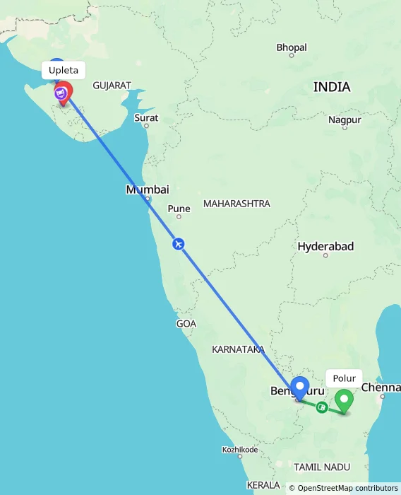 Route map showing distance and travel time from Polur, India to Upleta, India