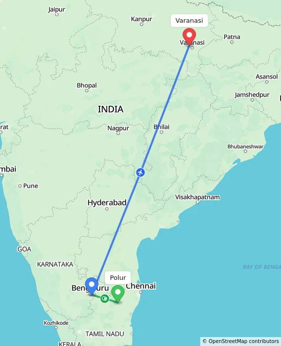 Route map showing distance and travel time from Polur, India to Varanasi, India
