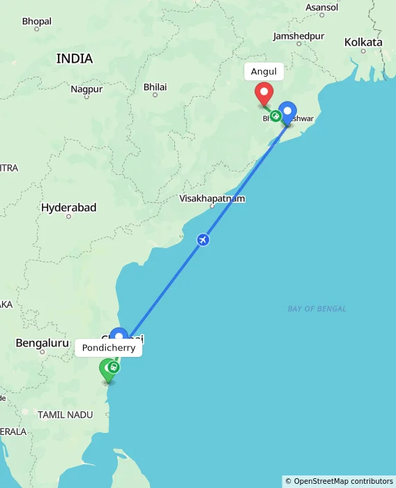 Route map showing distance and travel time from Pondicherry, India to Angul, India