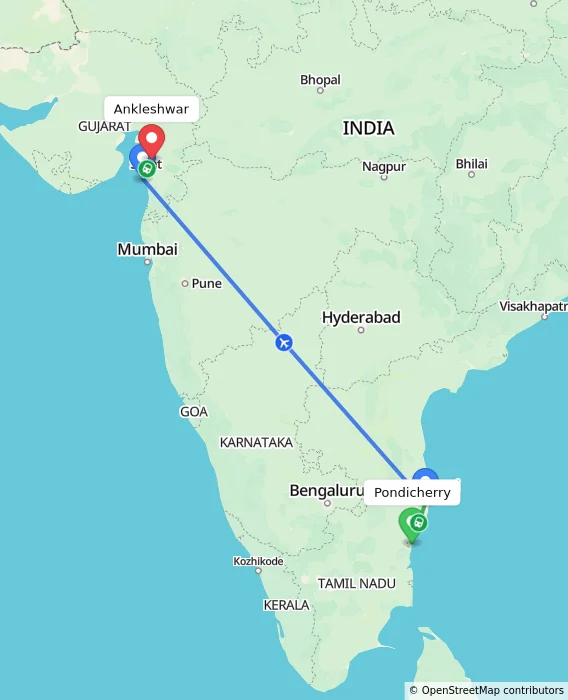 Route map showing distance and travel time from Pondicherry, India to Ankleshwar, India