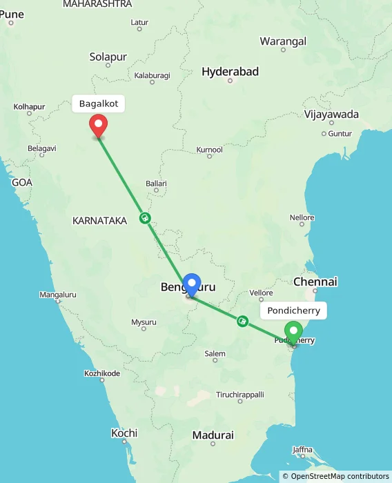 Route map showing distance and travel time from Pondicherry, India to Bagalkot, India