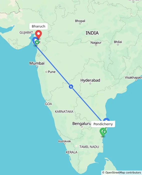 Route map showing distance and travel time from Pondicherry, India to Bharuch, India