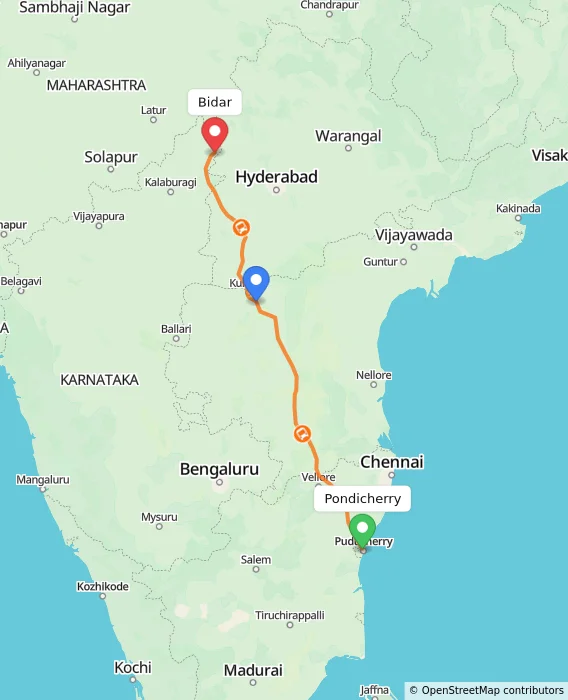 Route map showing distance and travel time from Pondicherry, India to Bidar, India
