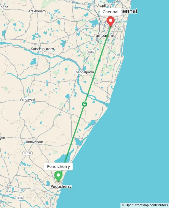 Route map showing distance and travel time from Pondicherry, India to Chennai, India