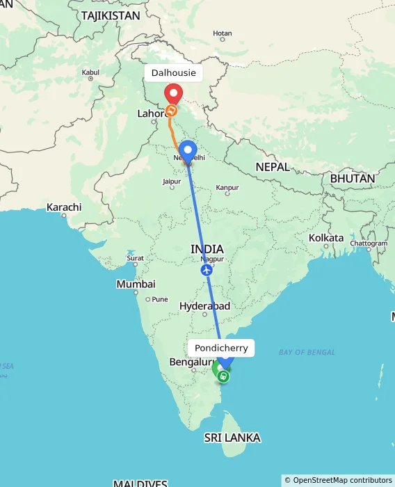 Route map showing distance and travel time from Pondicherry, India to Dalhousie, India