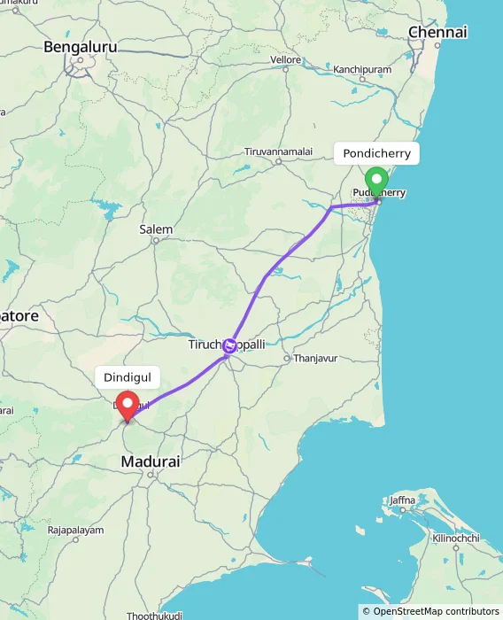 Route map showing distance and travel time from Pondicherry, India to Dindigul, India