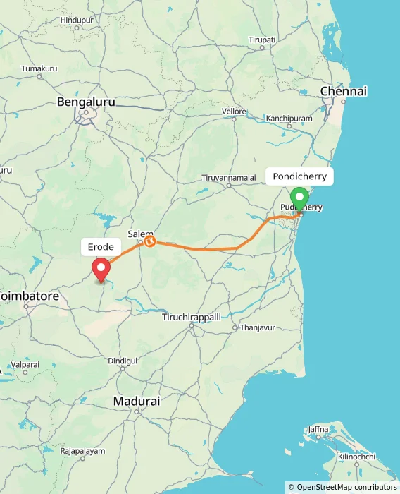 Route map showing distance and travel time from Pondicherry, India to Erode, India