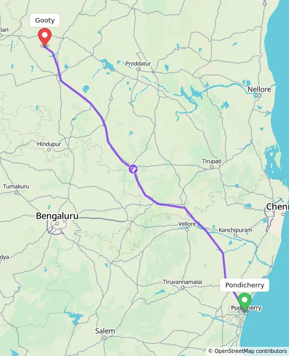 Route map showing distance and travel time from Pondicherry, India to Gooty, India