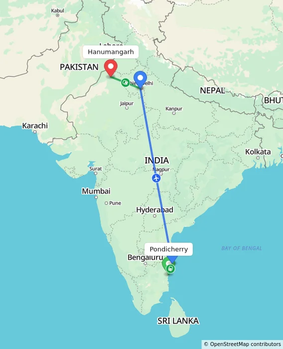 Route map showing distance and travel time from Pondicherry, India to Hanumangarh, India