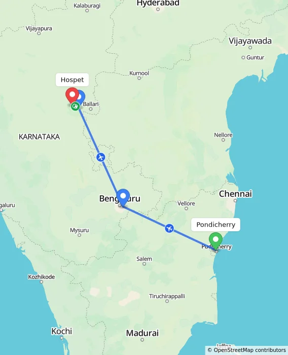 Route map showing distance and travel time from Pondicherry, India to Hospet, India