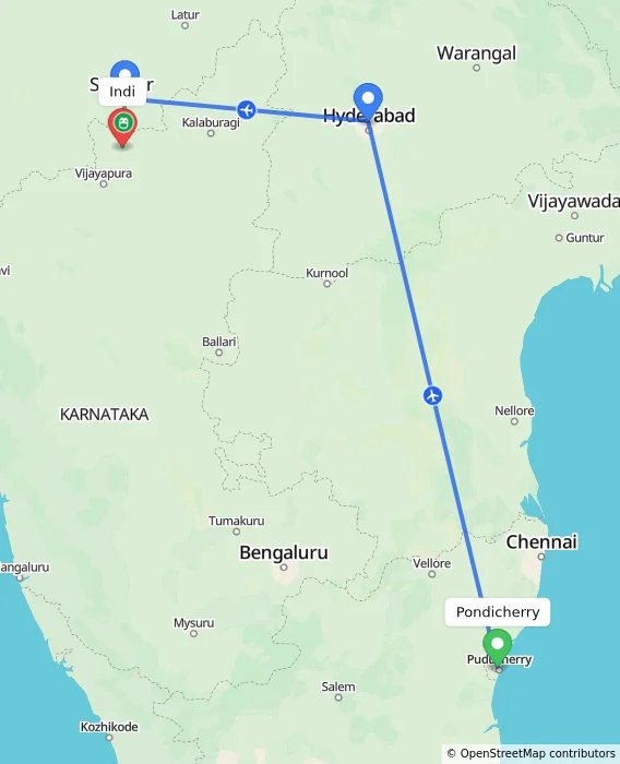 Route map showing distance and travel time from Pondicherry, India to Indi, India