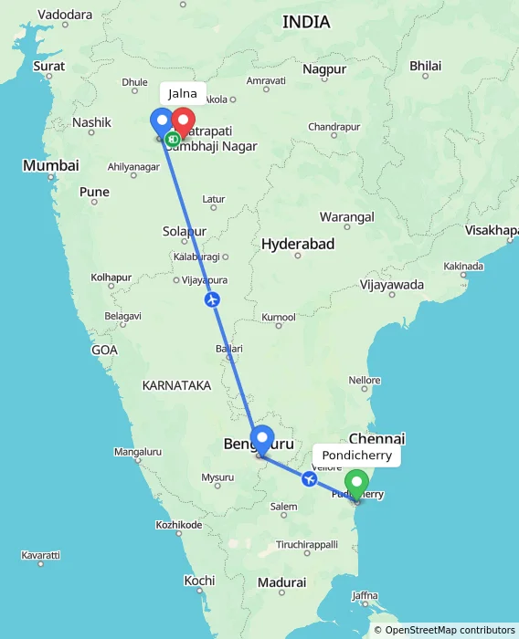 Route map showing distance and travel time from Pondicherry, India to Jalna, India