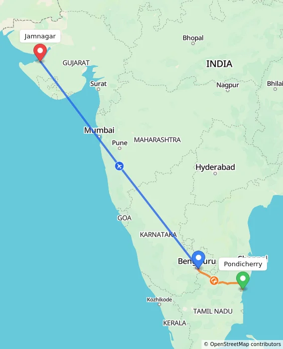 Route map showing distance and travel time from Pondicherry, India to Jamnagar, India