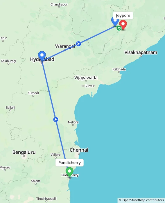 Route map showing distance and travel time from Pondicherry, India to Jeypore, India