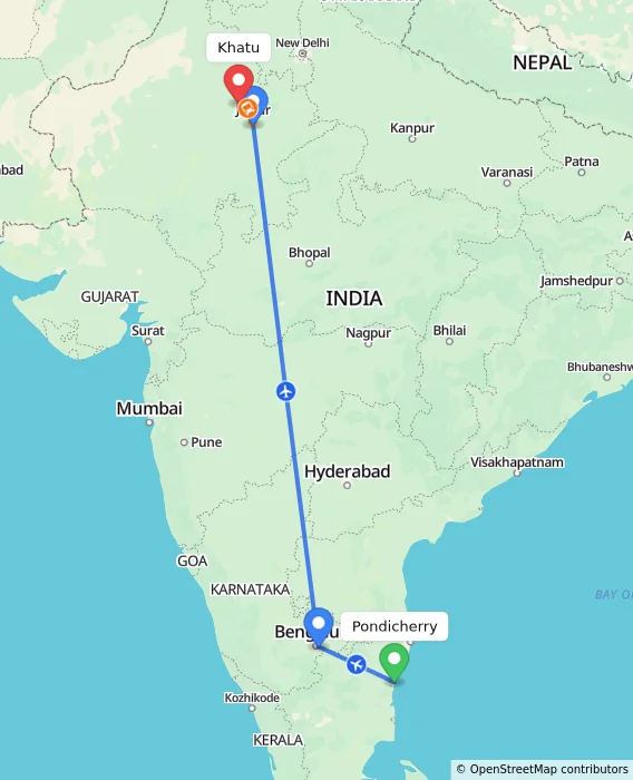 Route map showing distance and travel time from Pondicherry, India to Khatu, India