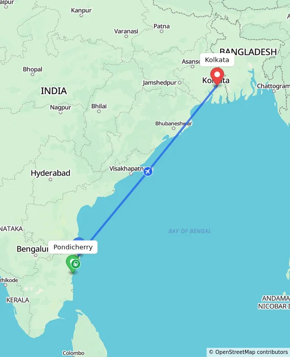 Route map showing distance and travel time from Pondicherry, India to Kolkata, India