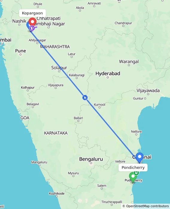 Route map showing distance and travel time from Pondicherry, India to Kopargaon, India