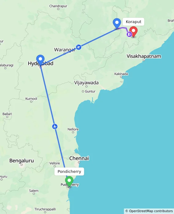 Route map showing distance and travel time from Pondicherry, India to Koraput, India