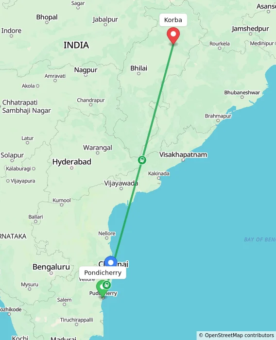 Route map showing distance and travel time from Pondicherry, India to Korba, India