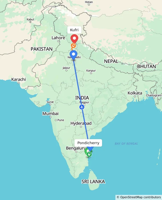 Route map showing distance and travel time from Pondicherry, India to Kufri, India