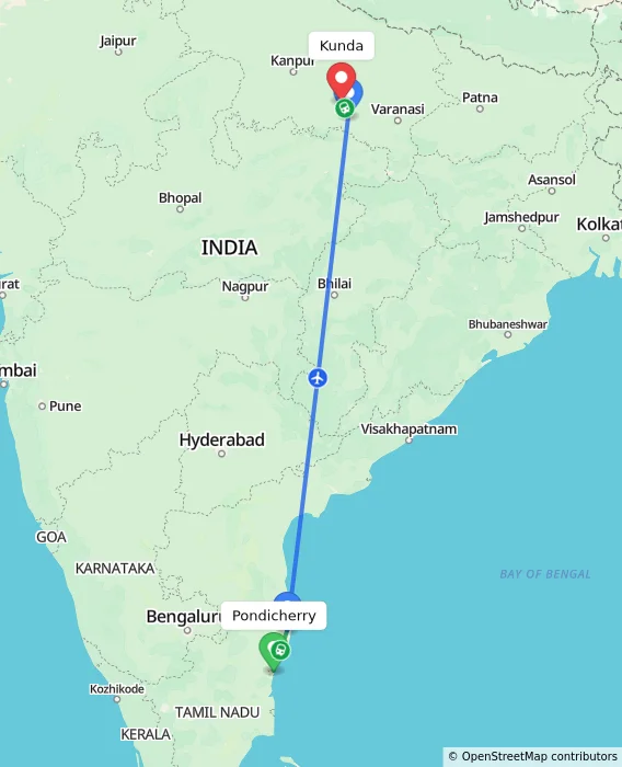 Route map showing distance and travel time from Pondicherry, India to Kunda, India